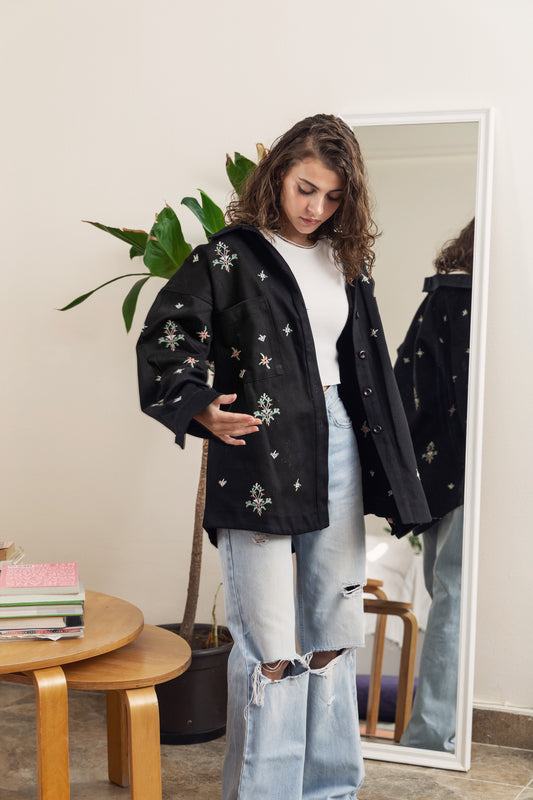 Embroidered Oversized Shirt Jacket - Black