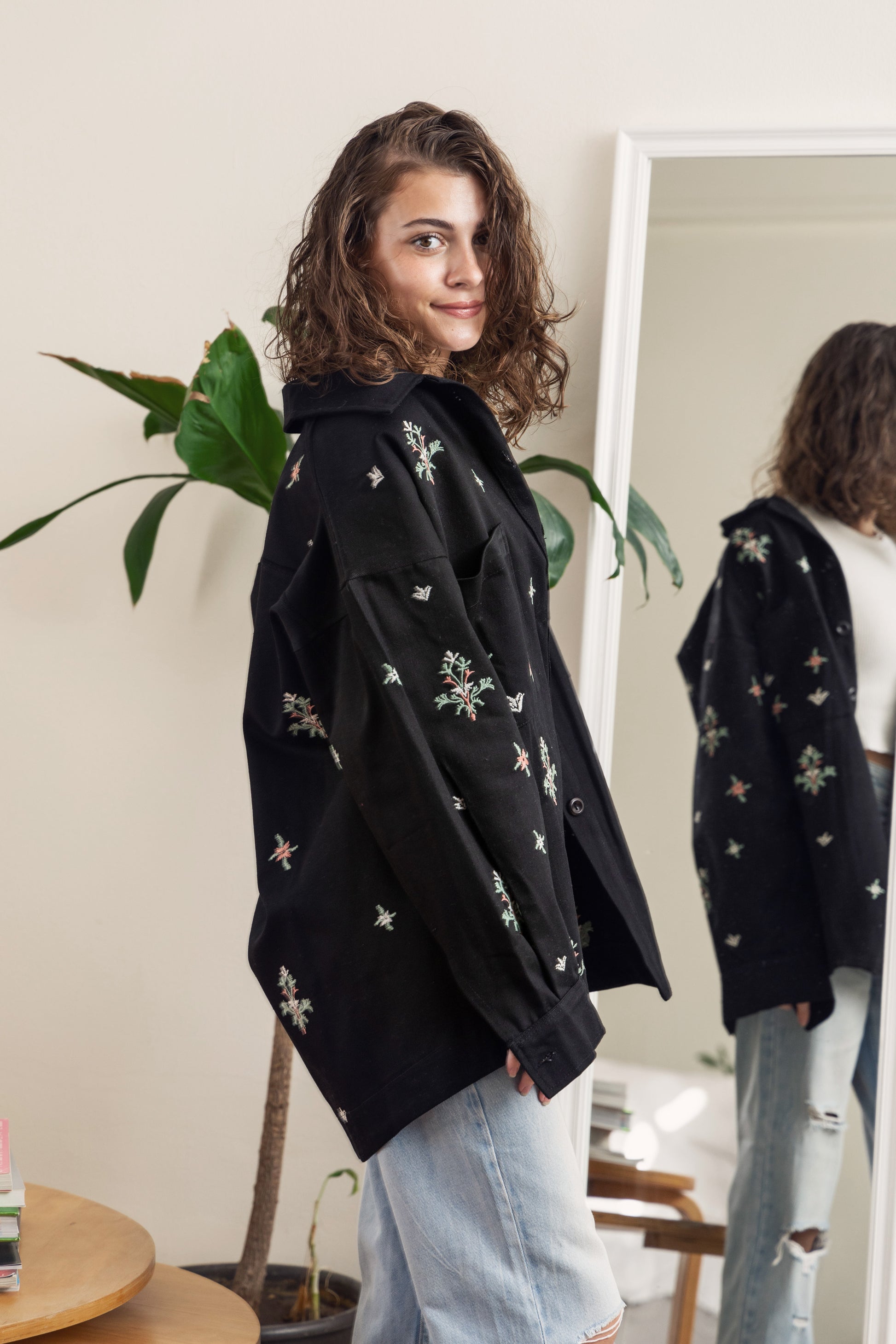 Embroidered Oversized Shirt Jacket - Black - Callista