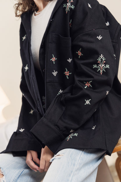Embroidered Oversized Shirt Jacket - Black - Callista
