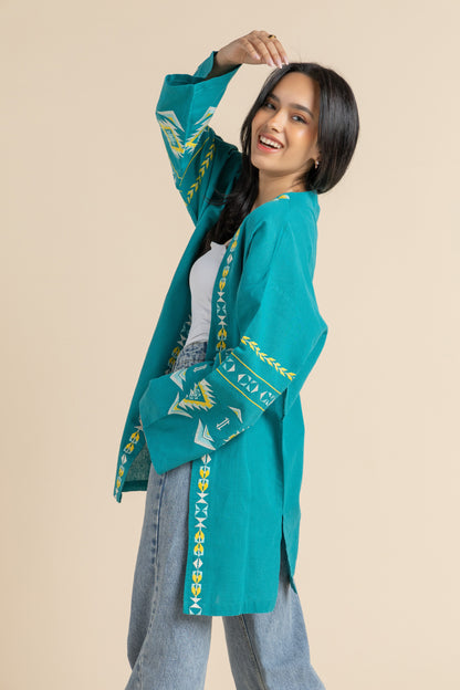 Turquoise Long Embroidered Linen Kimono