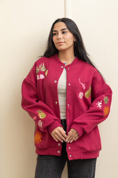 Burgundy  Casual Cool Oversized Cotton Jacket