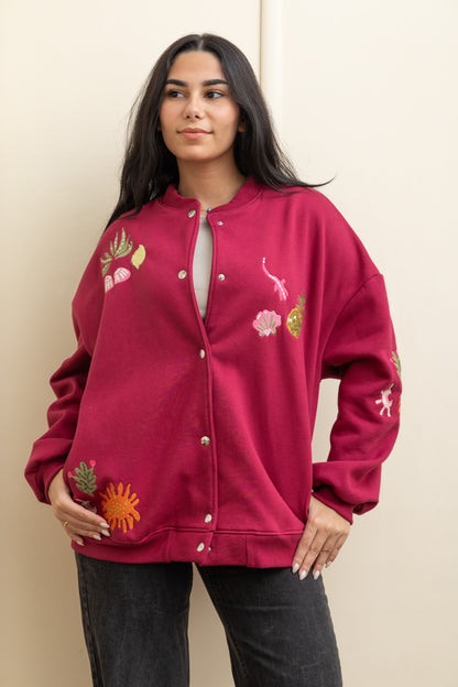 Burgundy  Casual Cool Oversized Cotton Jacket