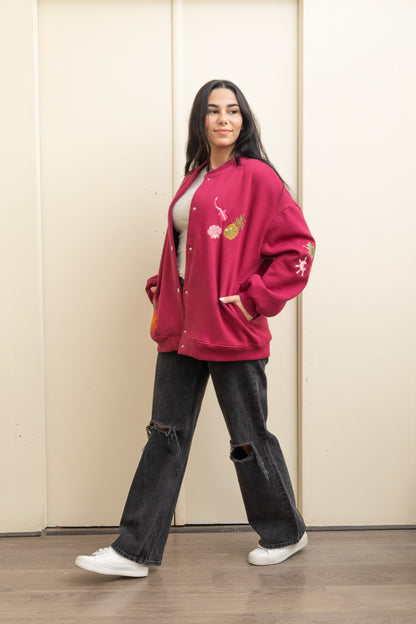 Burgundy  Casual Cool Oversized Cotton Jacket