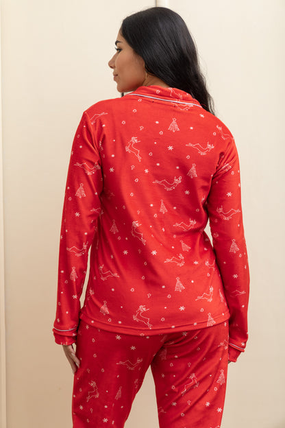 Red Velvet-Touch Christmas Buttoned Pajama