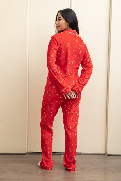 Red Velvet-Touch Christmas Buttoned Pajama