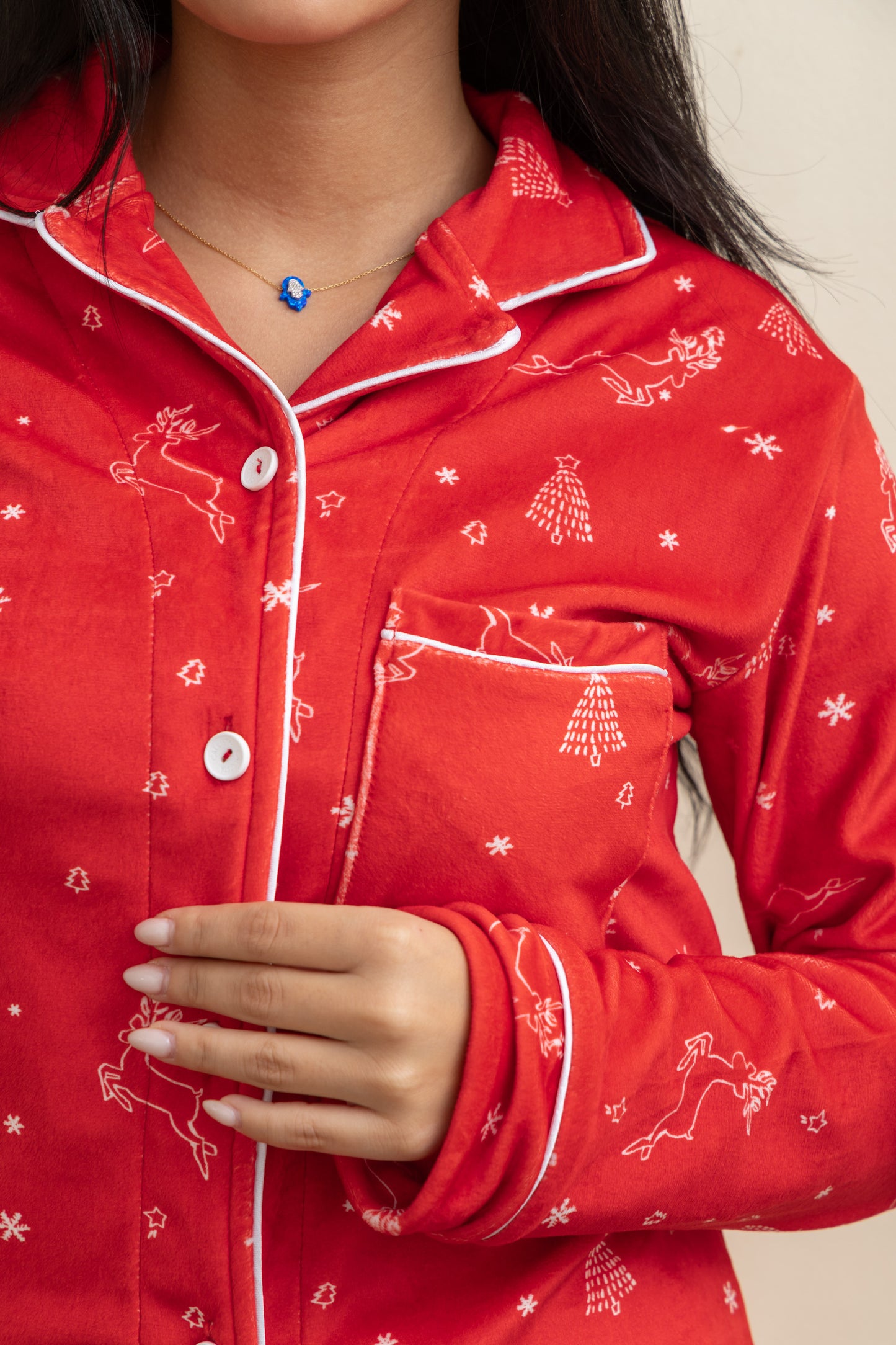 Red Velvet-Touch Christmas Buttoned Pajama