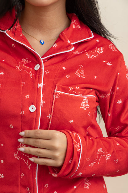 Red Velvet-Touch Christmas Buttoned Pajama