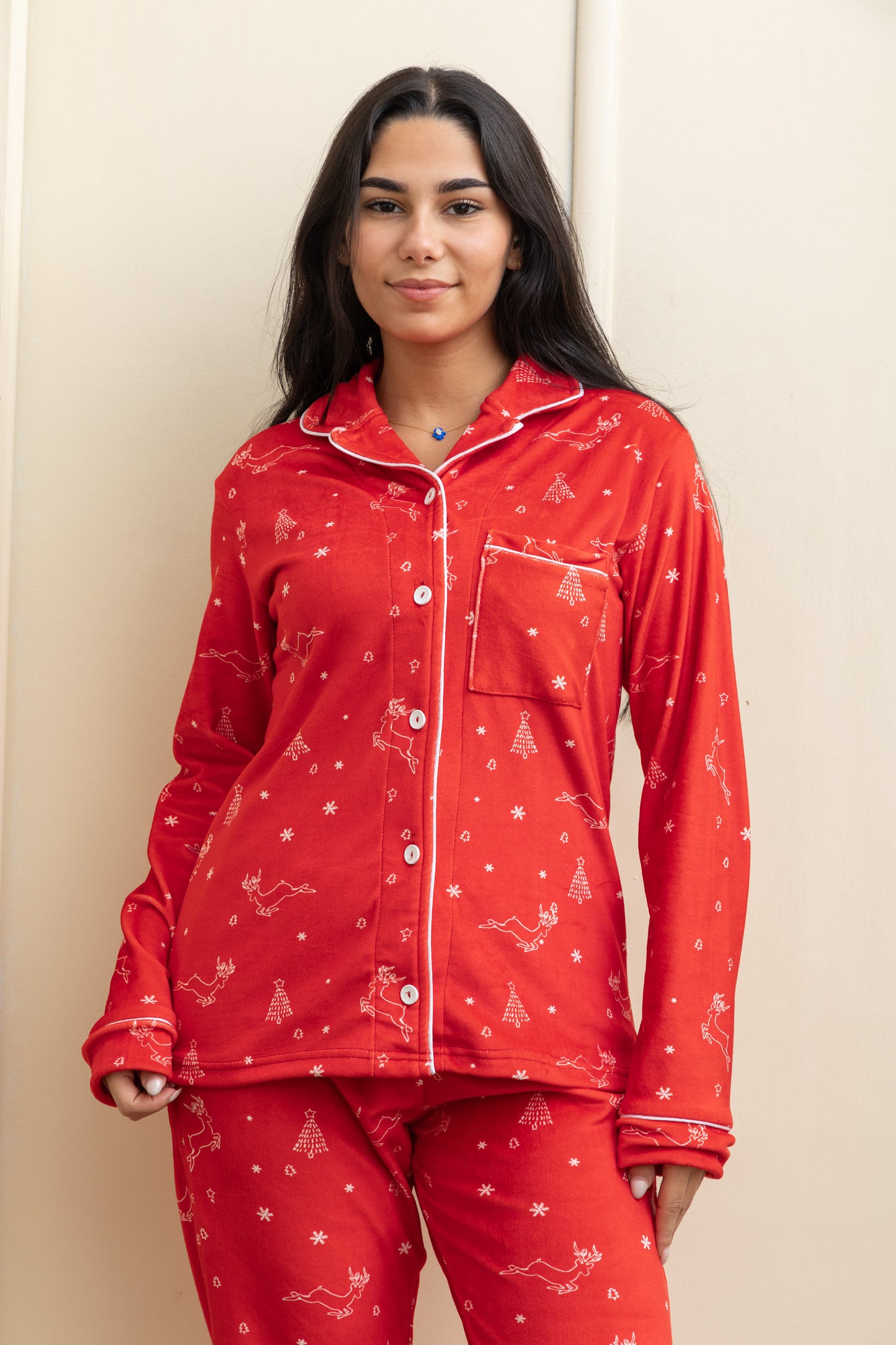 Red Velvet-Touch Christmas Buttoned Pajama