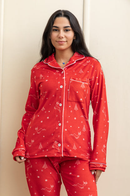 Red Velvet-Touch Christmas Buttoned Pajama