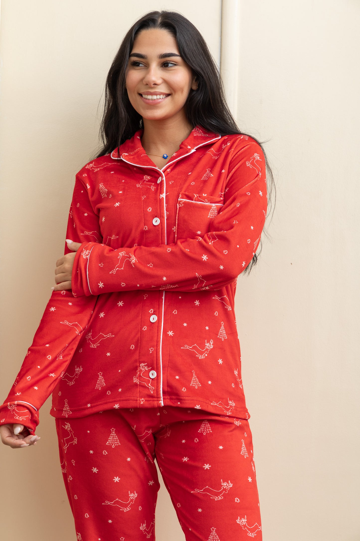 Red Velvet-Touch Christmas Buttoned Pajama