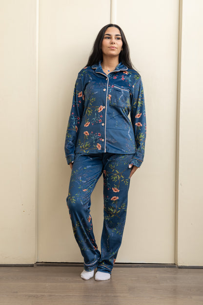 Dark Blue Velvet-Touch Pajama - Cozy Luxury