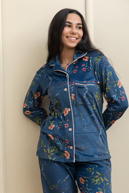Dark Blue Velvet-Touch Pajama - Cozy Luxury