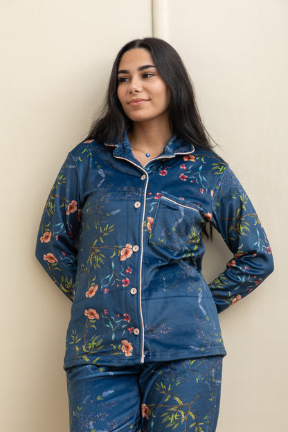 Dark Blue Velvet-Touch Pajama - Cozy Luxury