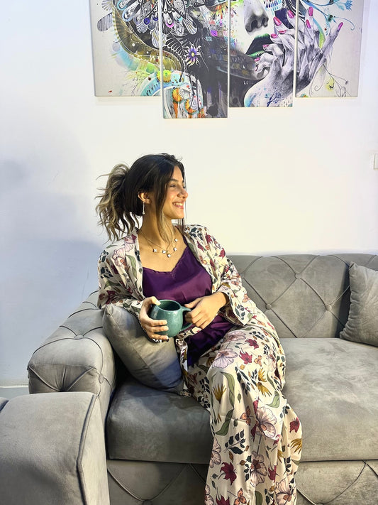 Shiny, soft, and joyful—this 4-piece satin pajama set is self-love in clothing form.