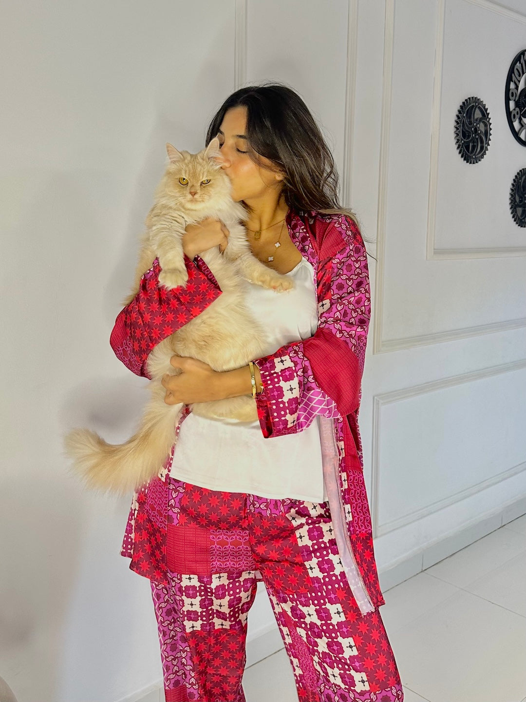 Lounge like a queen in this full satin set with robe, pants, top & scrunchie