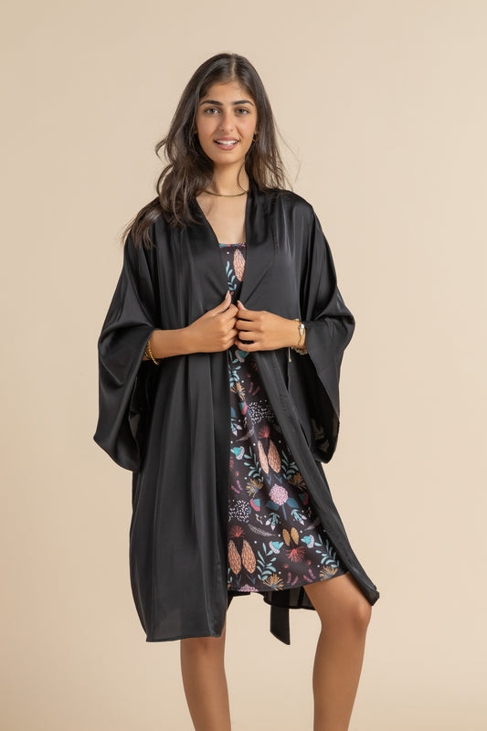 Black Satin Robe & Nightgown Set