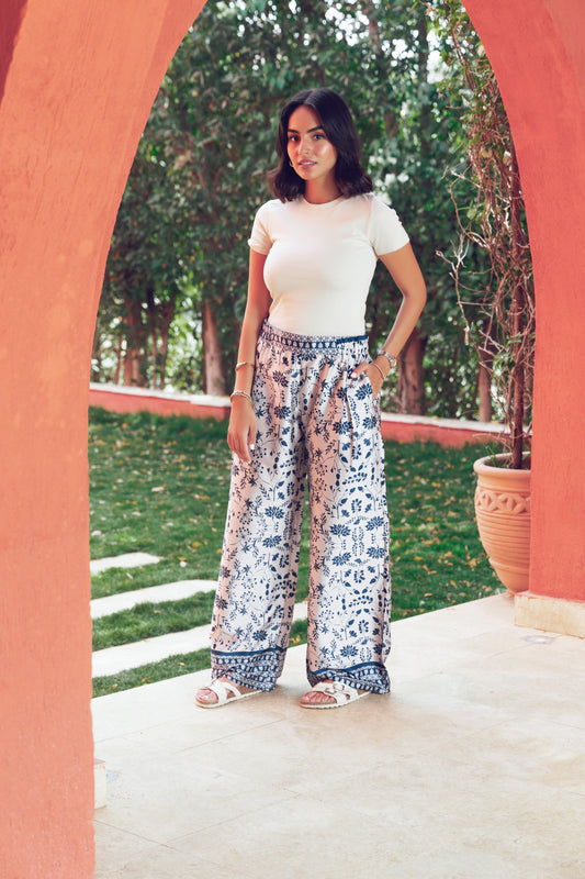 Beige Wild Waves Satin Pants