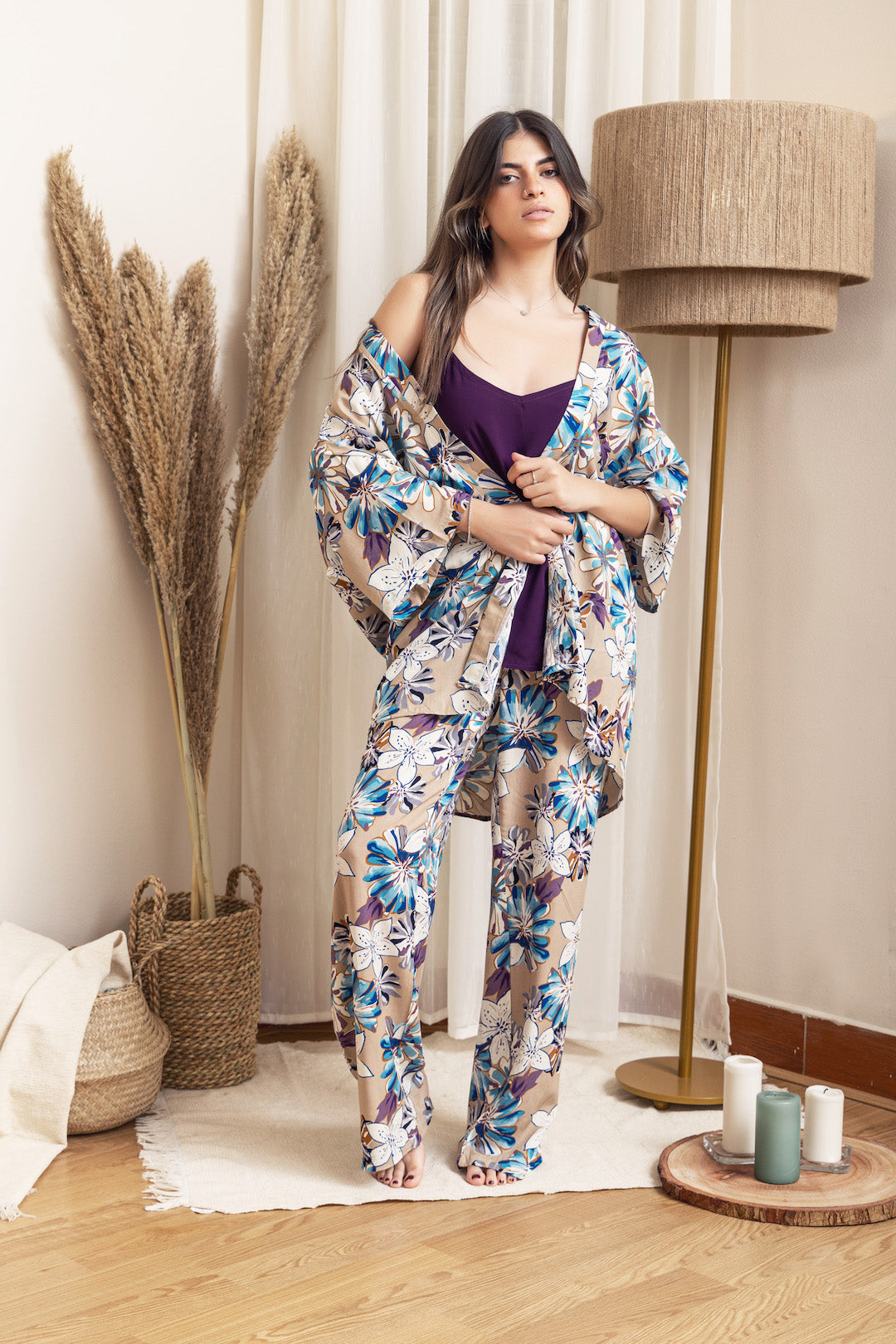 Kimono PJ Set Strap Top - Beige - Callista