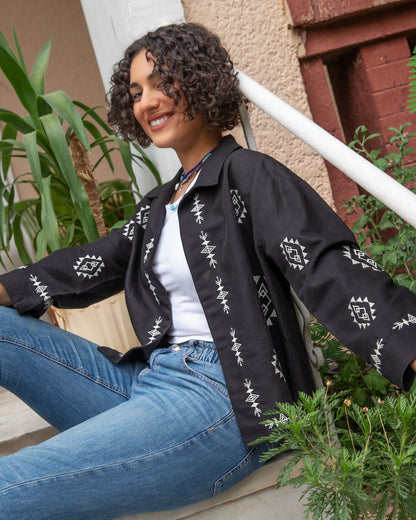 Embroidered Linen Summer Jacket - Black - Callista