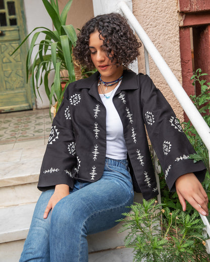 Embroidered Linen Summer Jacket - Black - Callista