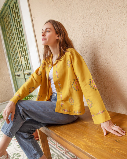Embroidered Linen Summer Jacket - Mustard - Callista