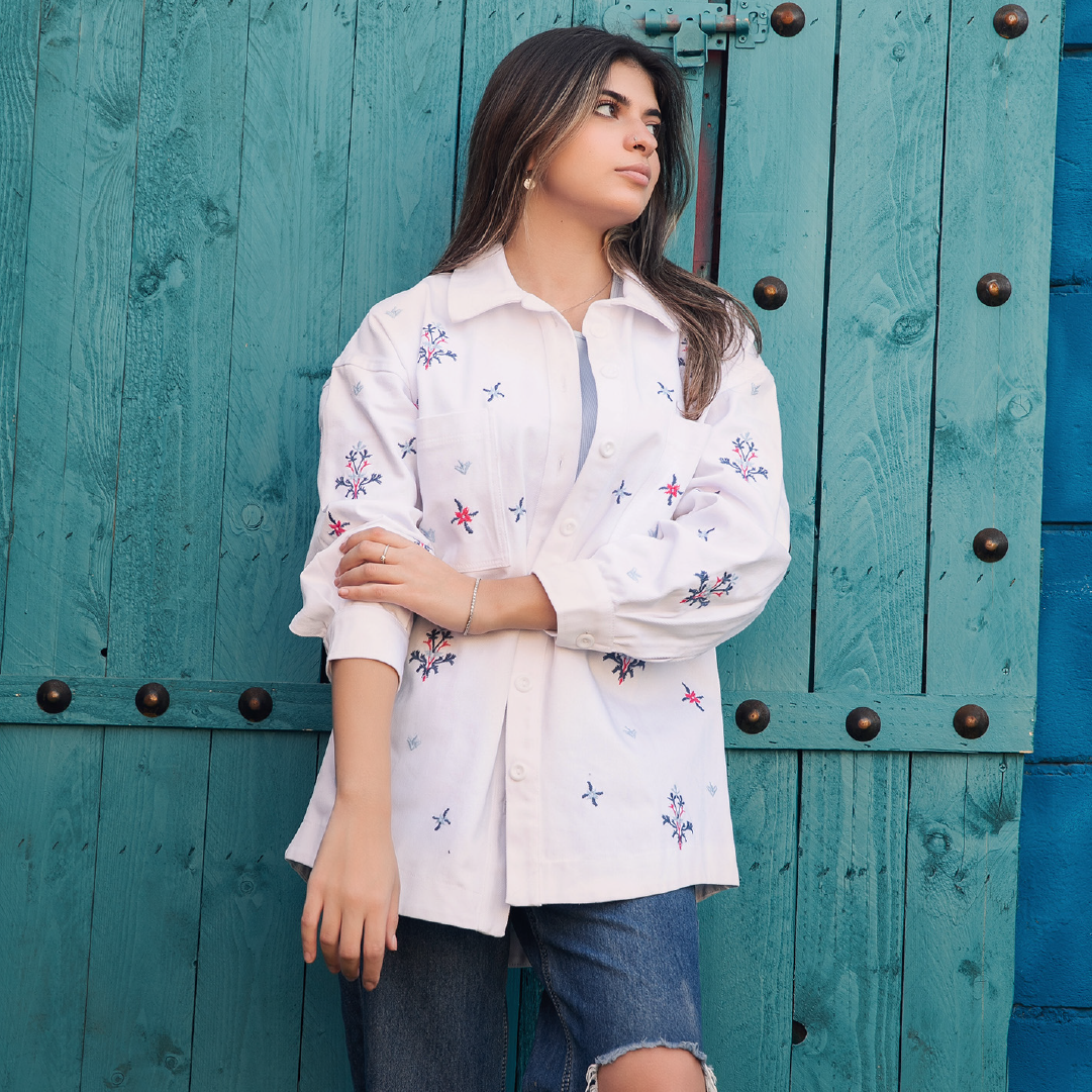 Model in Embroidered Oversized Shirt