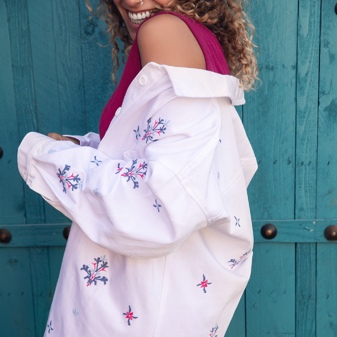 Model in Embroidered Oversized Shirt