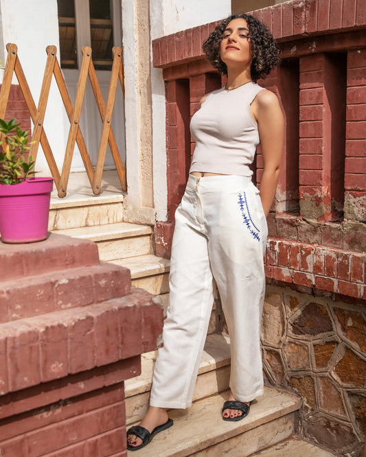 Embroidered Linen Pants - Off White