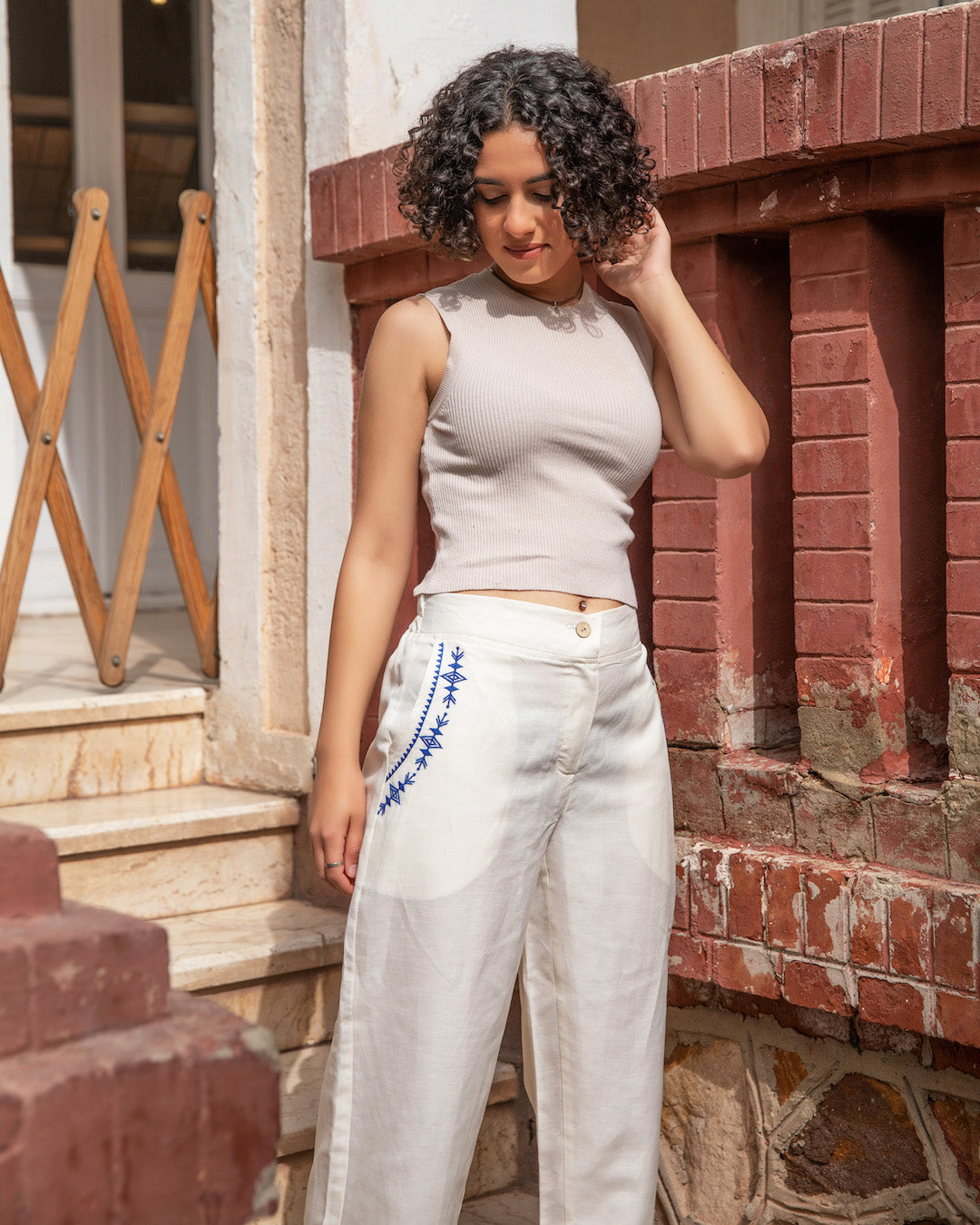 Embroidered Linen Pants - Off White - Callista