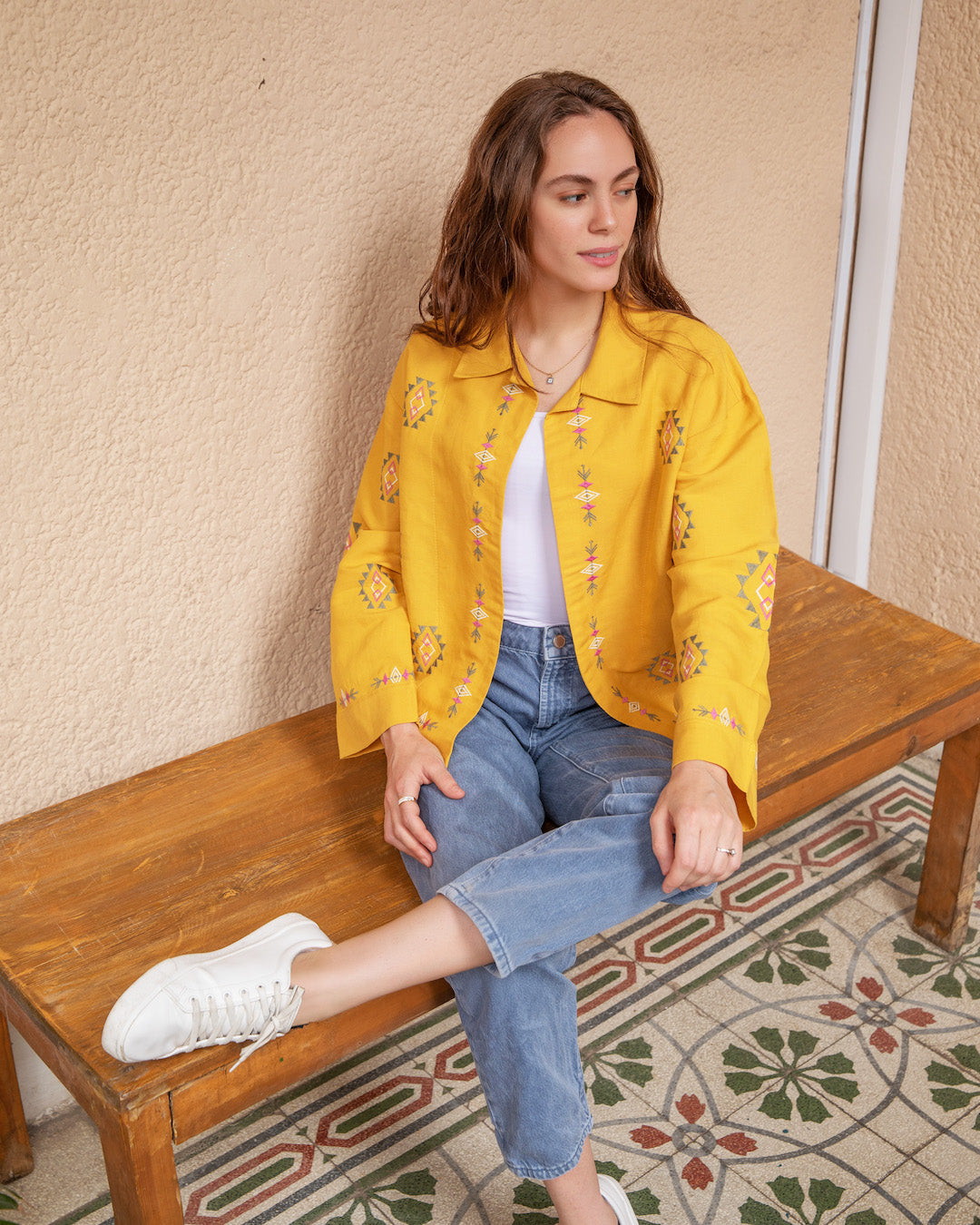 Embroidered Linen Summer Jacket - Mustard