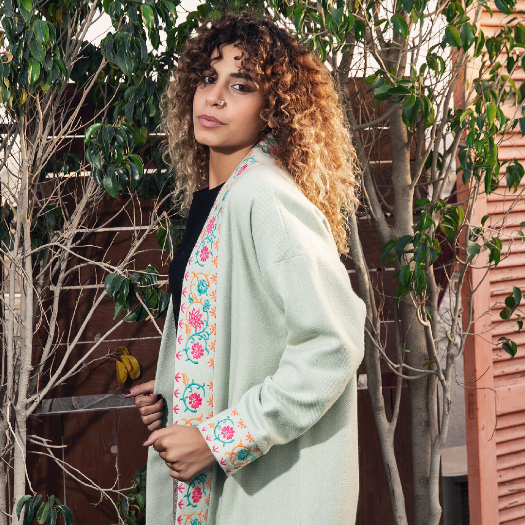 Embroidered Wool Coat Mint Green Callista