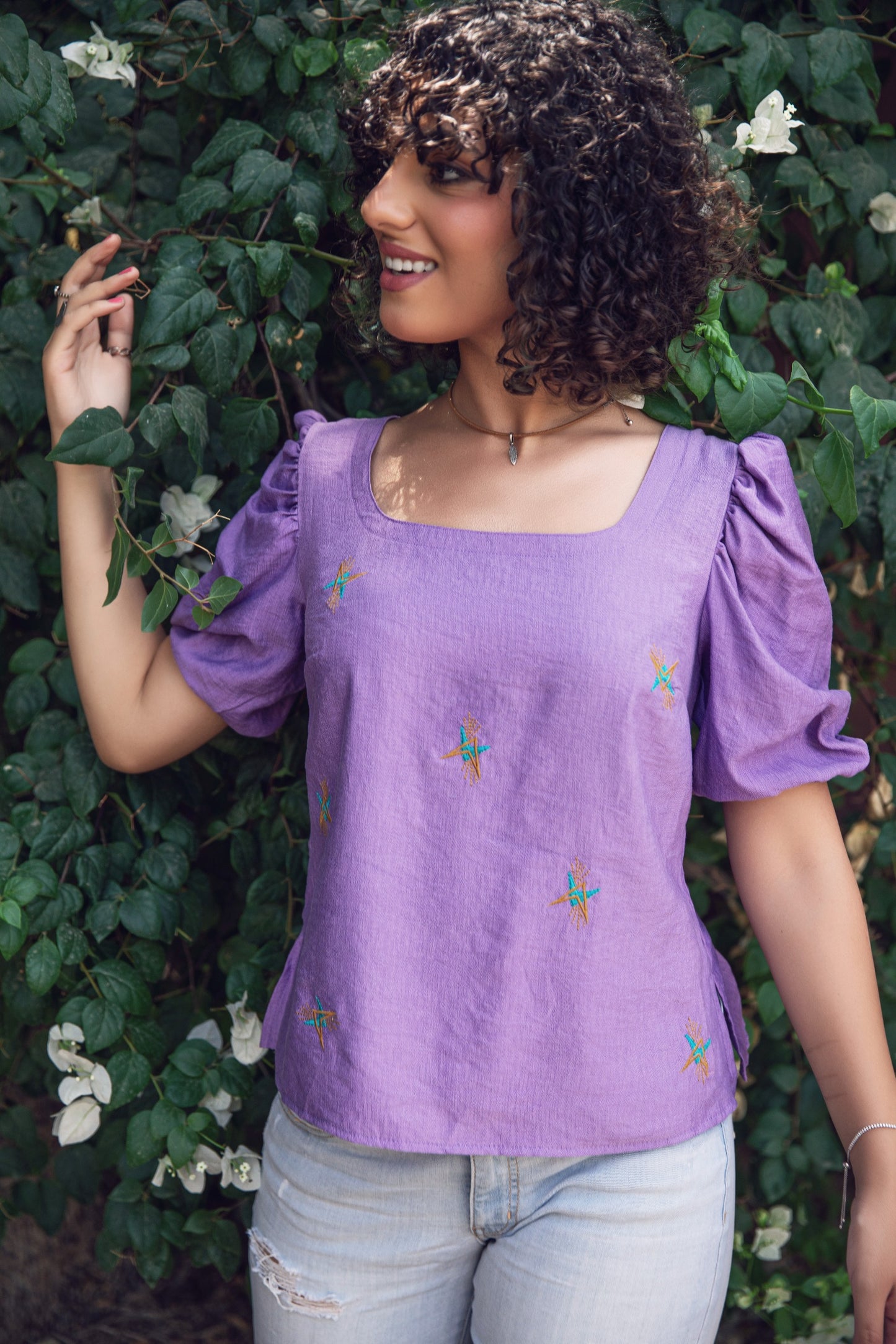 Purple Puff Sleeve Embroidered Top