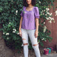 Purple Puff Sleeve Embroidered Top