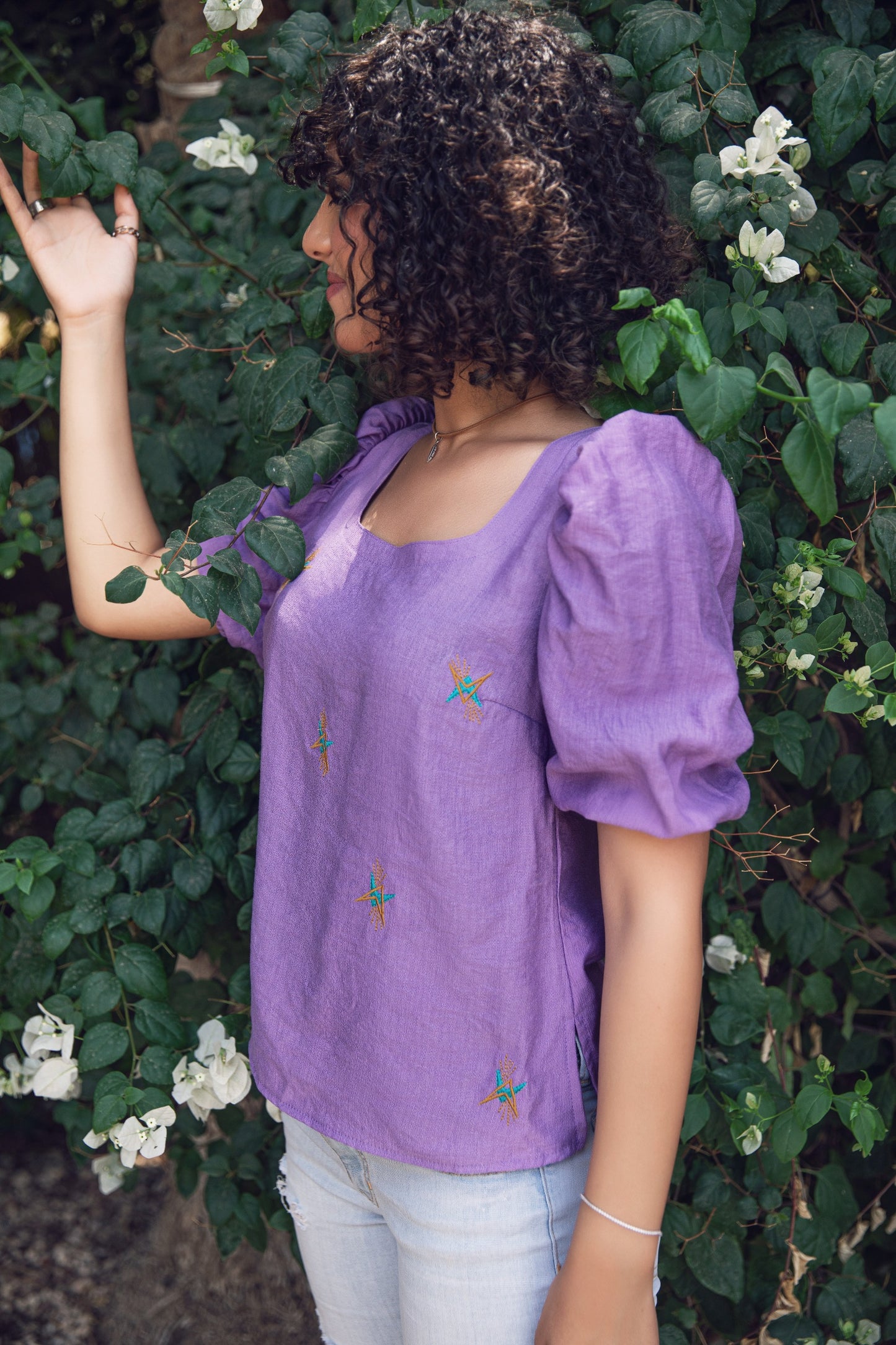 Purple Puff Sleeve Embroidered Top