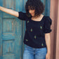 Black Puff Sleeve Embroidered Top