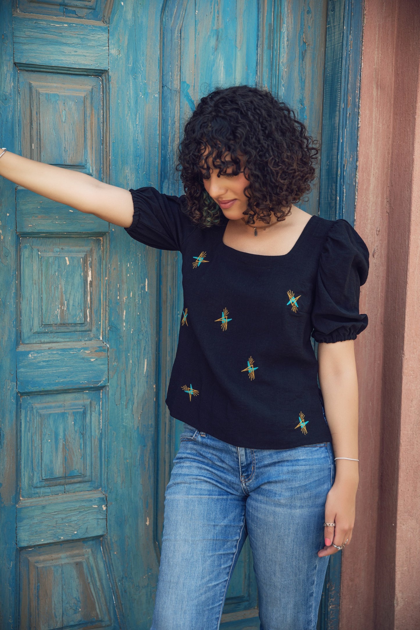 Black Puff Sleeve Embroidered Top
