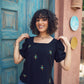 Black Puff Sleeve Embroidered Top