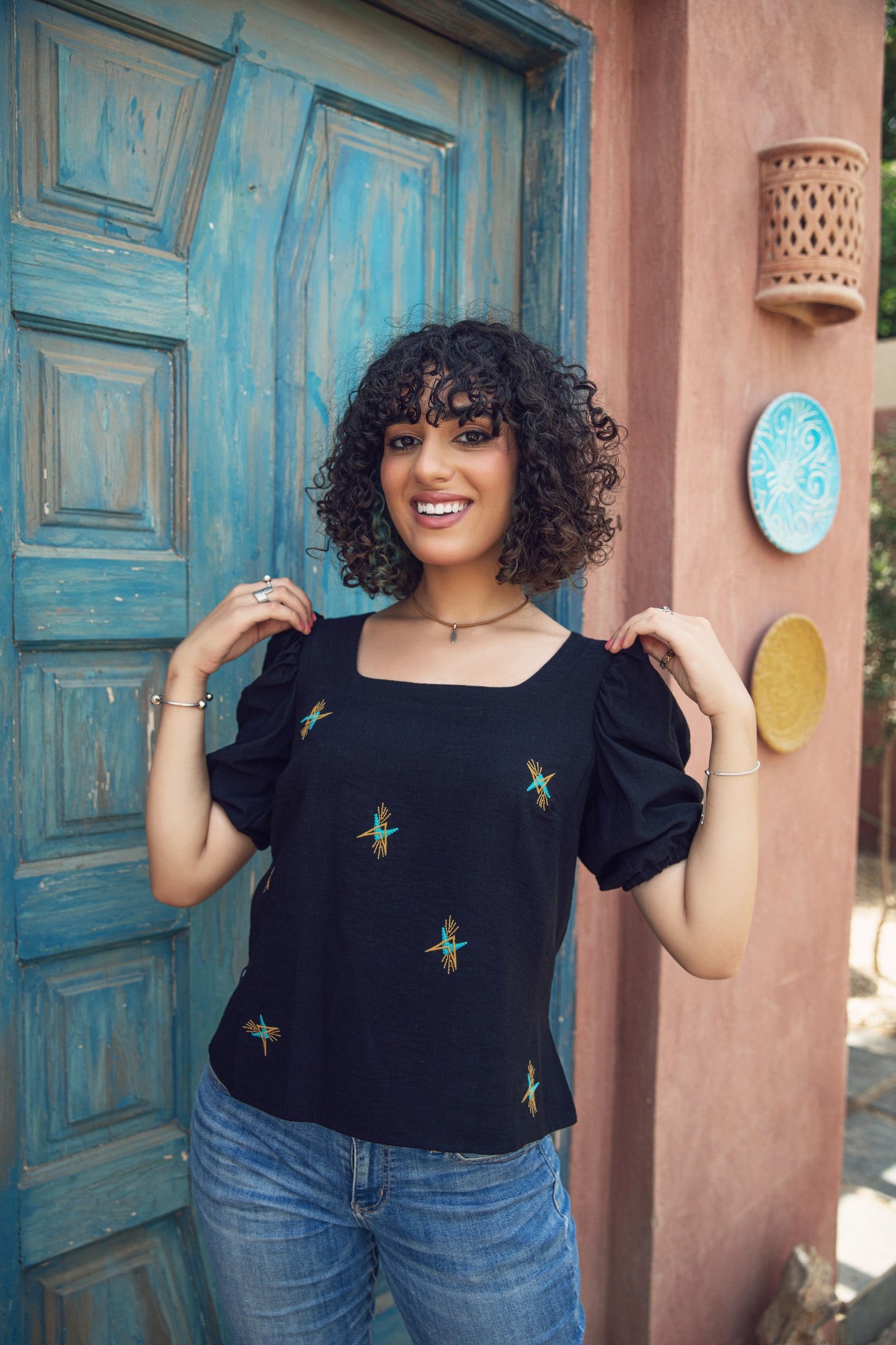 Black Puff Sleeve Embroidered Top
