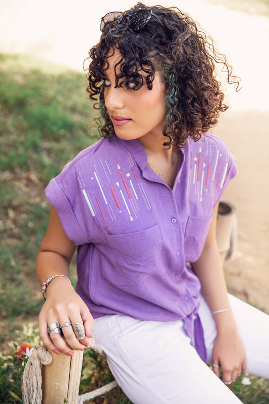 Purple Tie Buttoned Embroidered Shirt