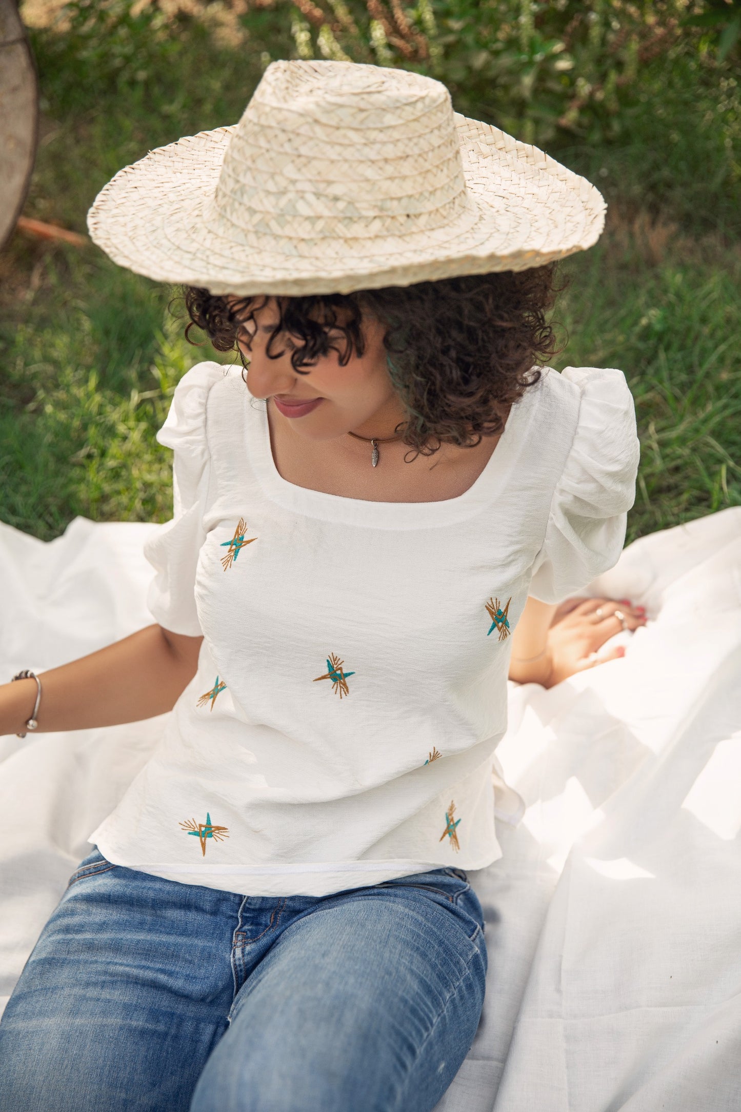 White Puff Sleeve Embroidered Top