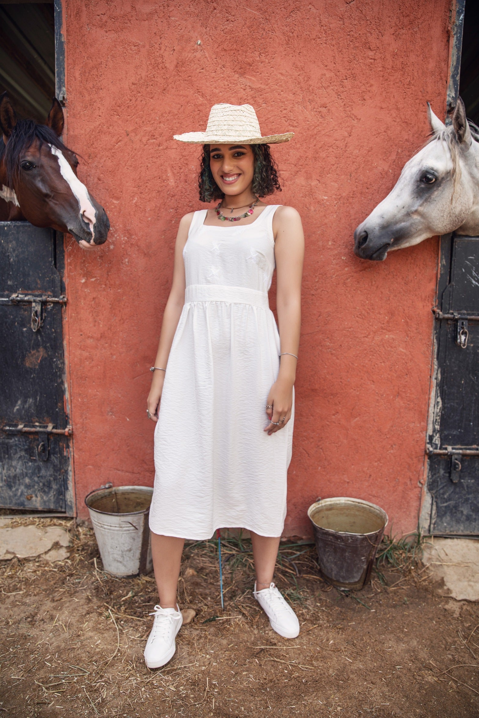 White Sleeveless Embroidered Sundress - Callista