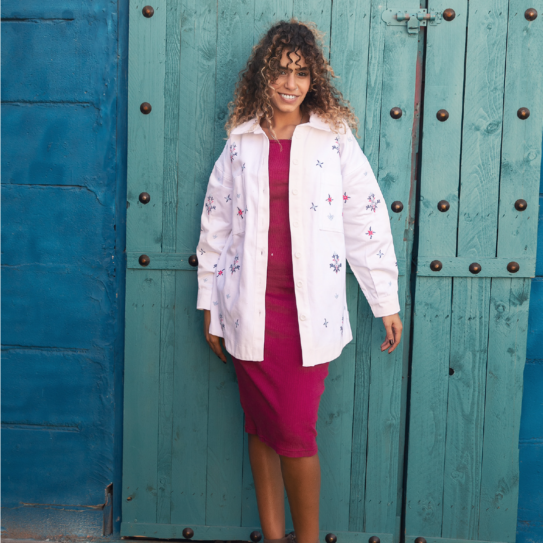 Model in Embroidered Oversized Shirt