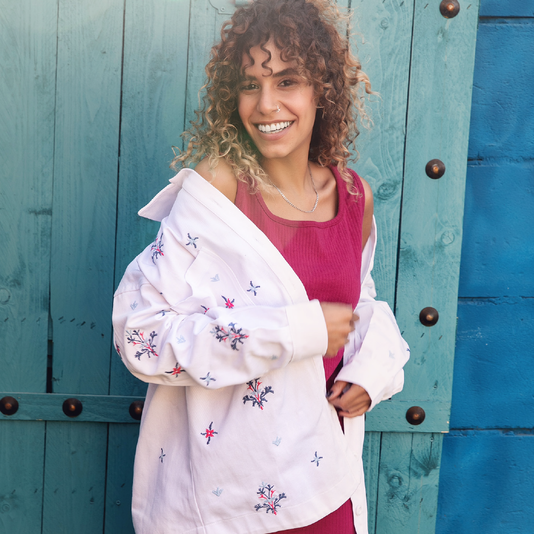 Model in Embroidered Oversized Shirt