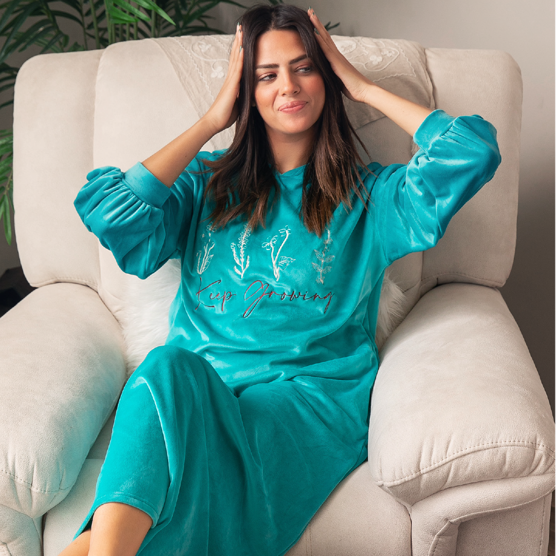 Women winter Pajama Dress - Turquoise