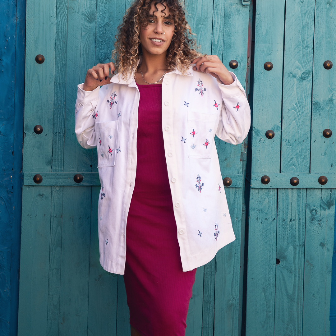 Model in Embroidered Oversized Shirt